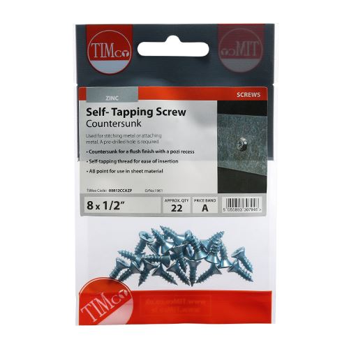 TIMCO S/Tapping Screw PZ2 CSK - BZP 8 x 1/2 Silver Pack 22