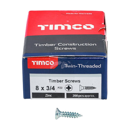 TIMCO Twin Woodscrew PZ2 CSK Zinc 8 x 3/4 Silver Pack 200