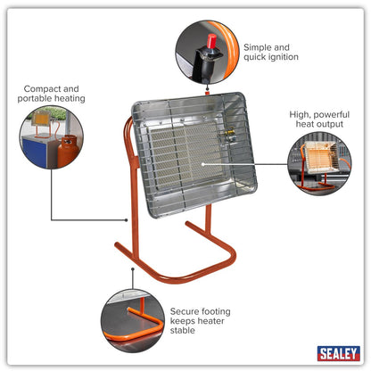 Sealey LP14 Propane Heater with Stand 14,330Btu/hr | 14,330Btu/hr(4.2kW) | Steel tube stand with built-in handle. | Automatic shut-off prevents