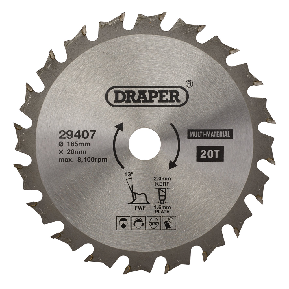 Draper TCT SAW BLADE 165MM 20T MULTI 29407 TCT Multi-Purpose Circular Saw Blade, 165 x 20mm