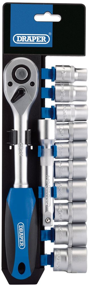 Draper 12PC 1/2 SOCKET SET P/RACK 16374 16374 Metric Socket and Ratchet Set, 1/2" Sq. Dr. (12 Piece)