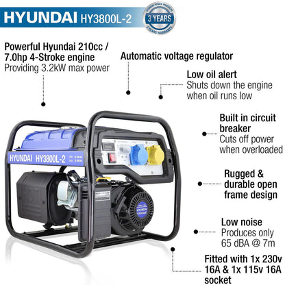 Hyundai HY3800L-2 Petrol Generator 3.2kW 4kVA Recoil Start Portable Site Power Backup Power Portable Backup Site Power