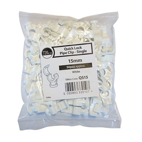 TIMCO Quick Lock Pipe Clip - Single 15mm White Pack 50