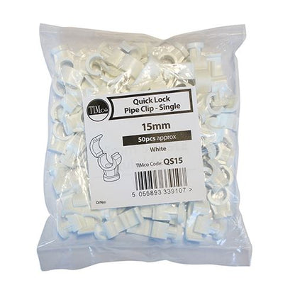 TIMCO Quick Lock Pipe Clip - Single 15mm White Pack 50