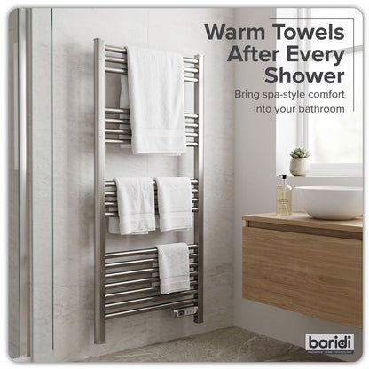 Baridi DH372 Electric Heated Towel Rail 1085 x 535mm with LED Display - Silver | 425W, 230V - 50HZ, Overheat Protection | LED temperature display.
