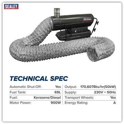 Sealey ABI1700COMBO Space Warmer Indirect Kerosene/Diesel Heater 170,000Btu/hr with 5M Ducting | 170,607Btu/hr(50kW), 230V ~ 50Hz, Thermostat, Wheels