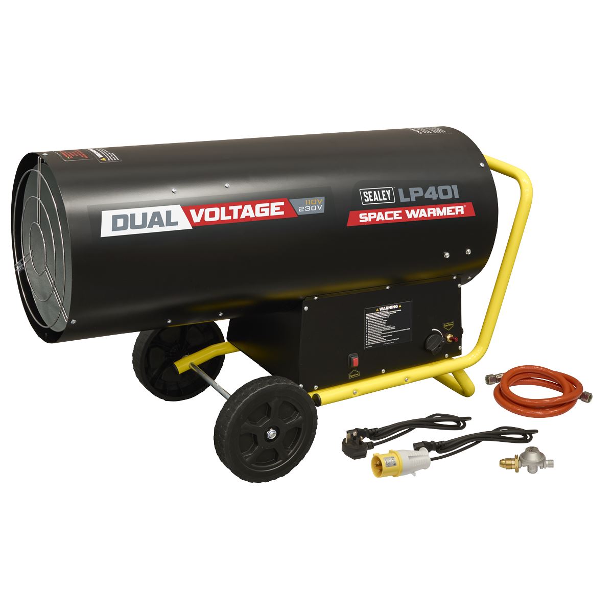 Sealey LP401 Dual Voltage Space Warmer Propane Heater 210,000-400,000Btu/hr | 210-400,000Btu/hr(61.5-117KW), 61.5-117kW, 230V/110V, Wheels