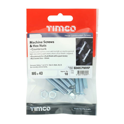 TIMCO Machine Screw & Nut CSK - BZP M6 x 40 Silver Pack 10