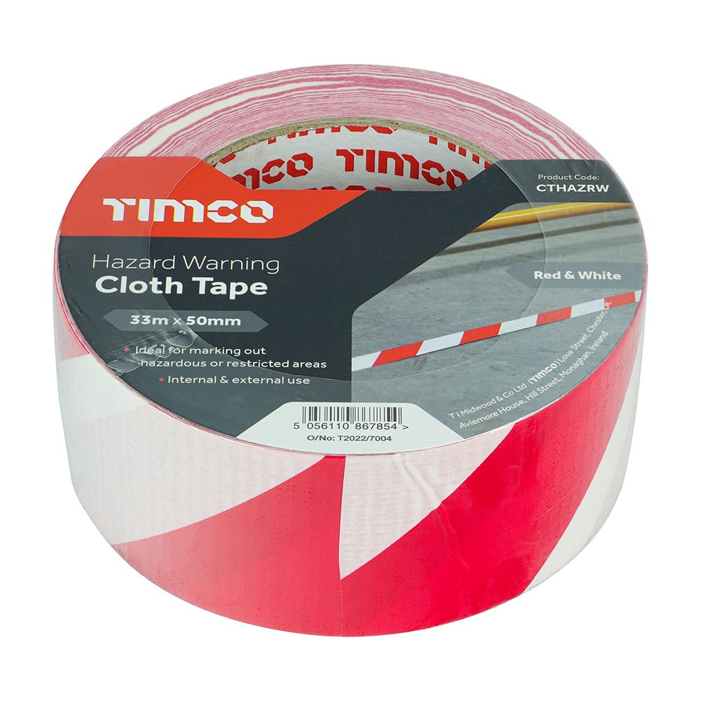 TIMCO Hazard Cloth Tape - Red/Wht White 33m x 50mm Pack 1.0