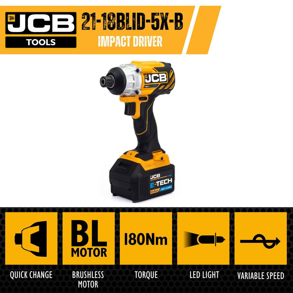 JCB 21-18BLID-5X-B Cordless Impact Driver 5Ah 18V Brushless Battery & Charger Cordless Impact Driver