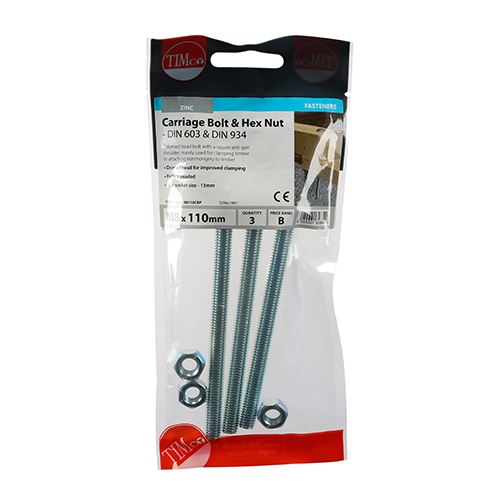 TIMCO Carriage Bolt & Hex Nut - BZP M8 x 110 Silver Pack 3
