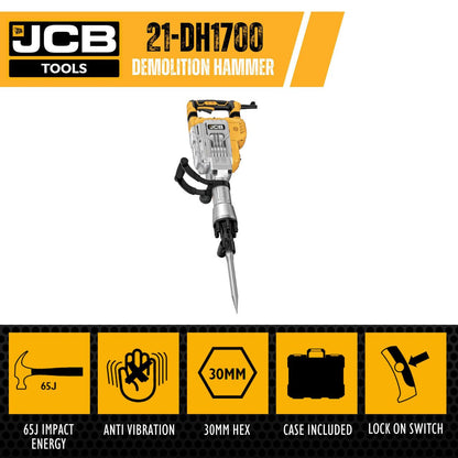 JCB 21-DH1700 Demolition Hammer 1700W 65J 30mm Hex Breaker 230V Concrete Chisel Concrete Breaker Chisel