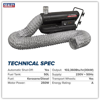 Sealey ABI1000COMBO Space Warmer Indirect Kerosene/Diesel Heater 102,000Btu/hr with 5M Ducting | 102,360Btu/hr(30kW), 230V ~ 50Hz, Thermostat, Wheels