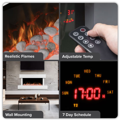 Baridi DH113 Wall Mounting Electric Fireplace with LED Flame Effect 46" - White | 230V~50Hz, Timer, Remote Control | Create a relaxing and cozy space