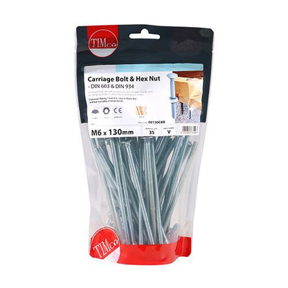 TIMCO Carriage Bolt & Hex Nut - BZP M6 x 130 Silver Pack 35