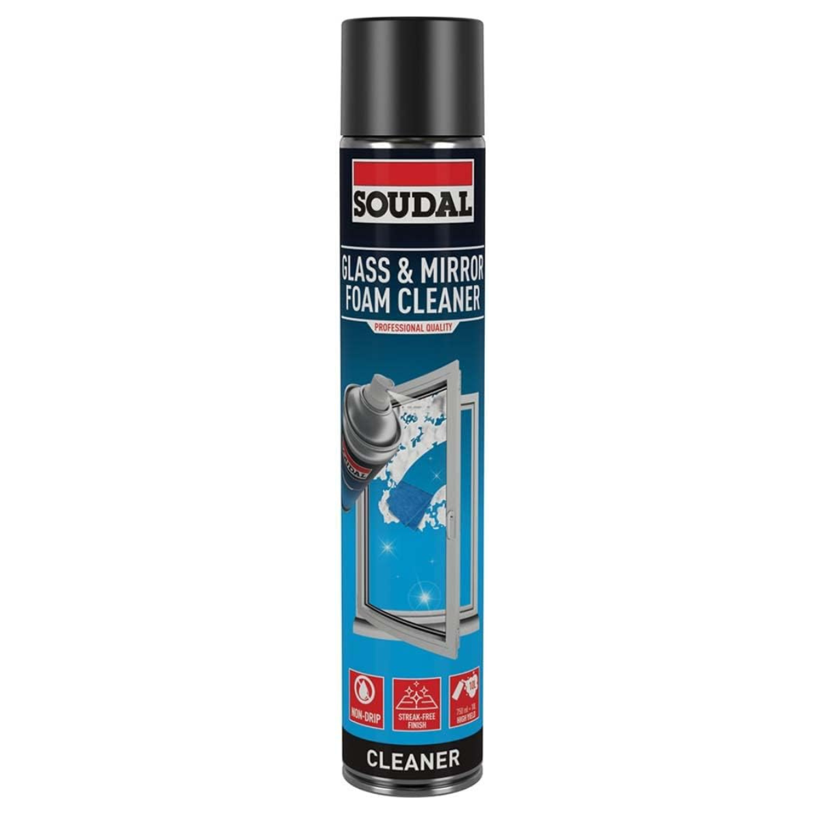 Soudal Glass & Mirror Cleaner 750ml Aerosol Foam Spray – Streak-Free Professional Glass, Mirror & Window Cleaning Shine