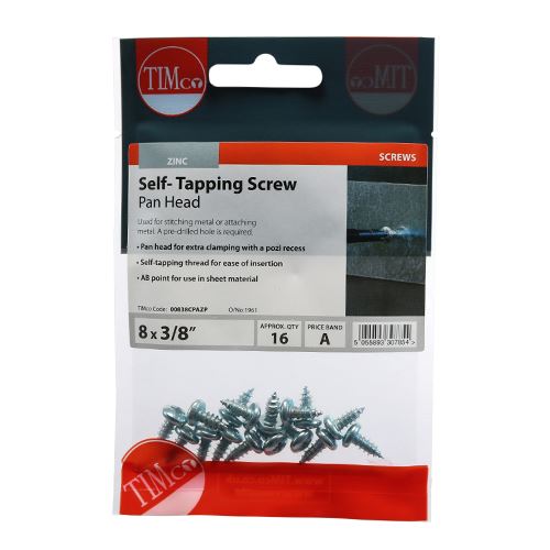 TIMCO S/Tapping Screw PZ2 PAN - BZP 8 x 3/8 Silver Pack 16