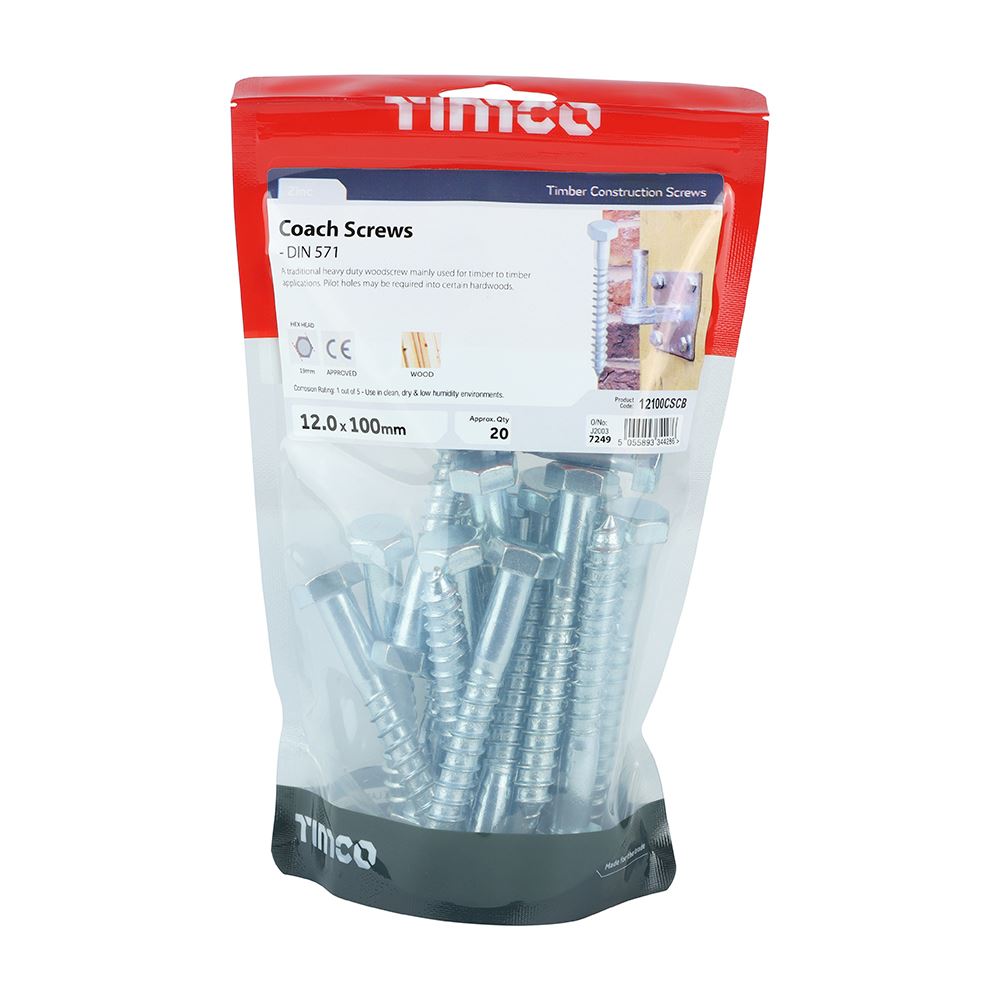 TIMCO Coach Screws Hex Head Silver  - 12.0 x 100 TIMbag OF 20 - 12100CSCB