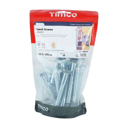 TIMCO Coach Screws Hex Head Silver  - 12.0 x 100 TIMbag OF 20 - 12100CSCB