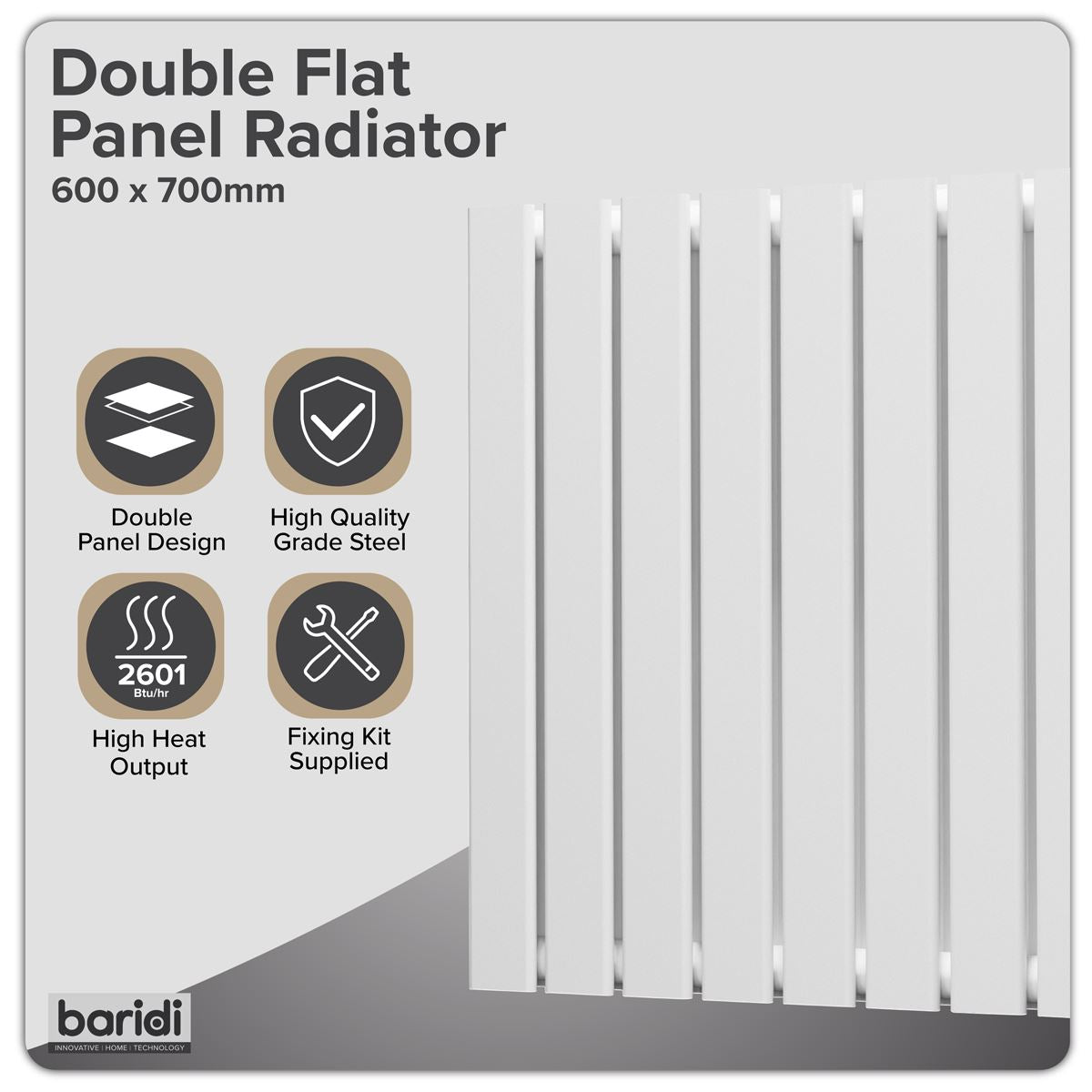 Baridi DH350 Horizontal Radiator Contemporary Double Flat Panel Design 600 x 700mm - White | Steel | Horizontal flat panel design delivers a BTU
