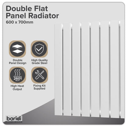 Baridi DH350 Horizontal Radiator Contemporary Double Flat Panel Design 600 x 700mm - White | Steel | Horizontal flat panel design delivers a BTU