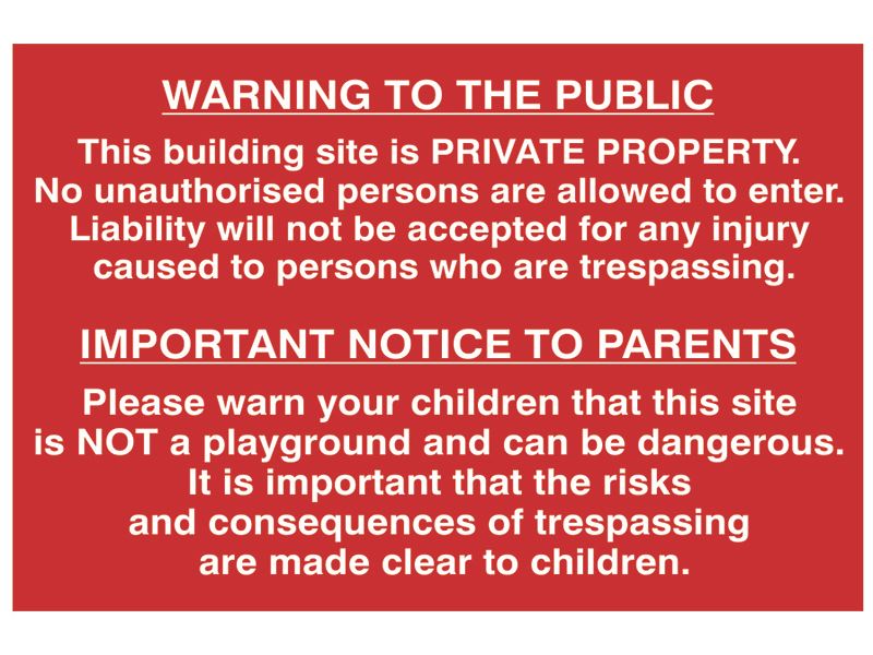 Scan SCA4251 Building Site Warning To Public And Parents - PVC 600 x 400mm |