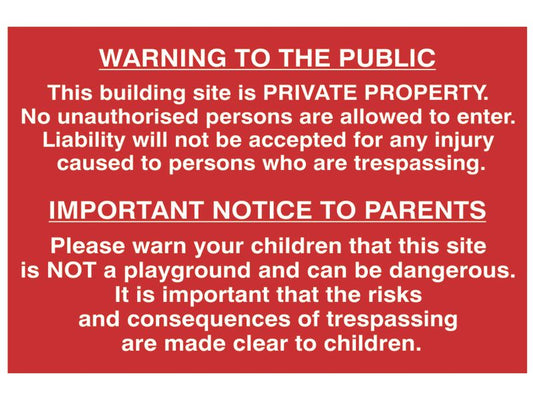 Scan SCA4251 Building Site Warning To Public And Parents - PVC 600 x 400mm |