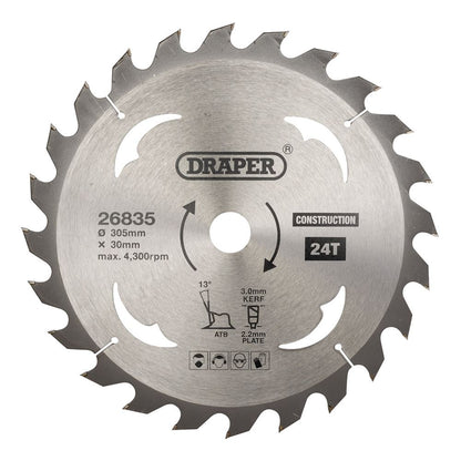 Draper TCT SAW BLADE 305MM 24T CONS 26835 TCT Construction Circular Saw Blade, 305 x 30mm