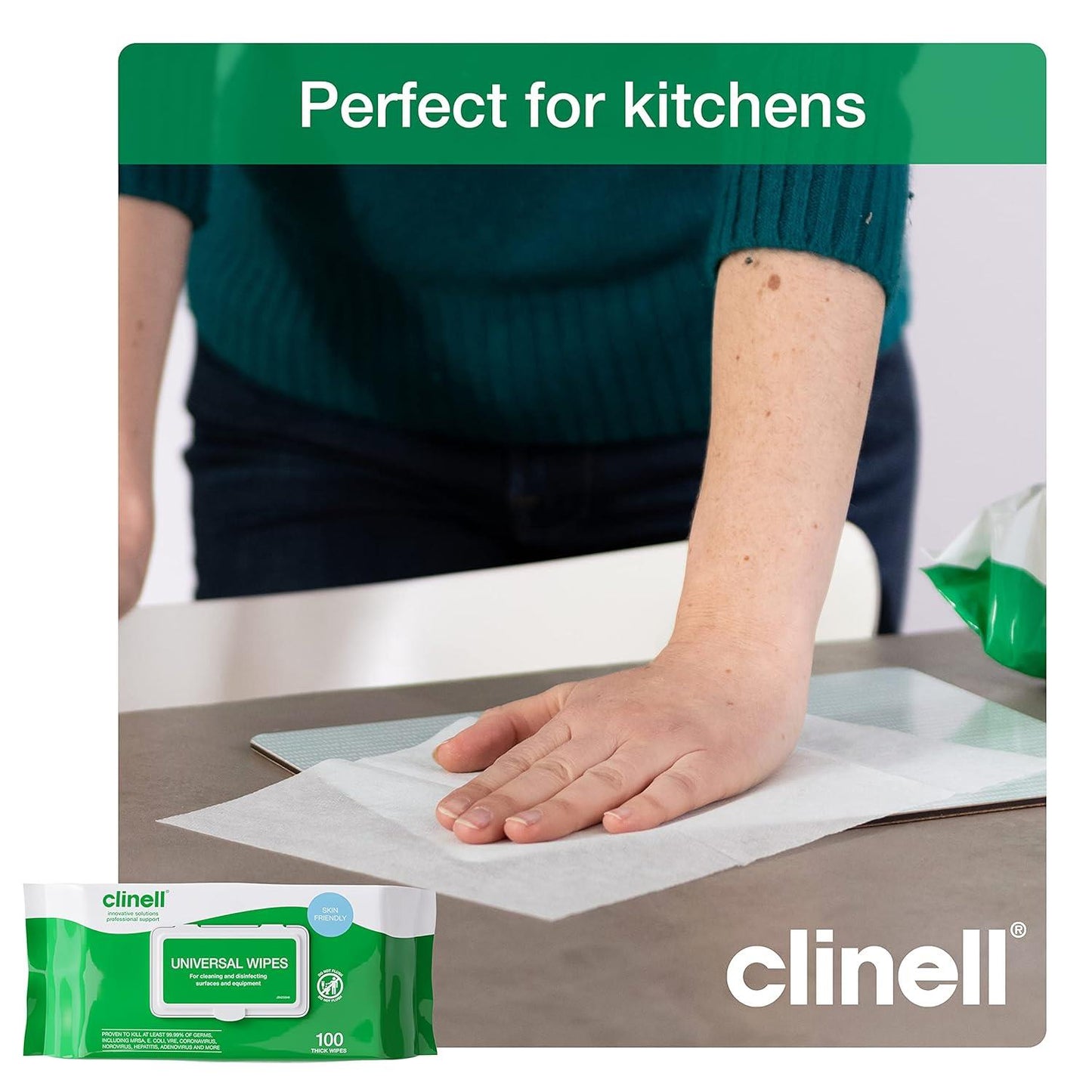 Clinell Universal Wipes White Pack of 100 Antibacterial Cleaning and Disinfectant Wipes for Hands Surfaces Equipment Healthcare Workplace and Home Use