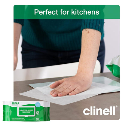Clinell Universal Wipes White Pack of 100 Antibacterial Cleaning and Disinfectant Wipes for Hands Surfaces Equipment Healthcare Workplace and Home Use