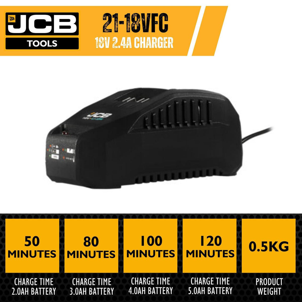 JCB 21-18VFC Battery Charger 2.4A Fast Charger 2-5Ah Li-Ion E-Tech Power Tool Charger