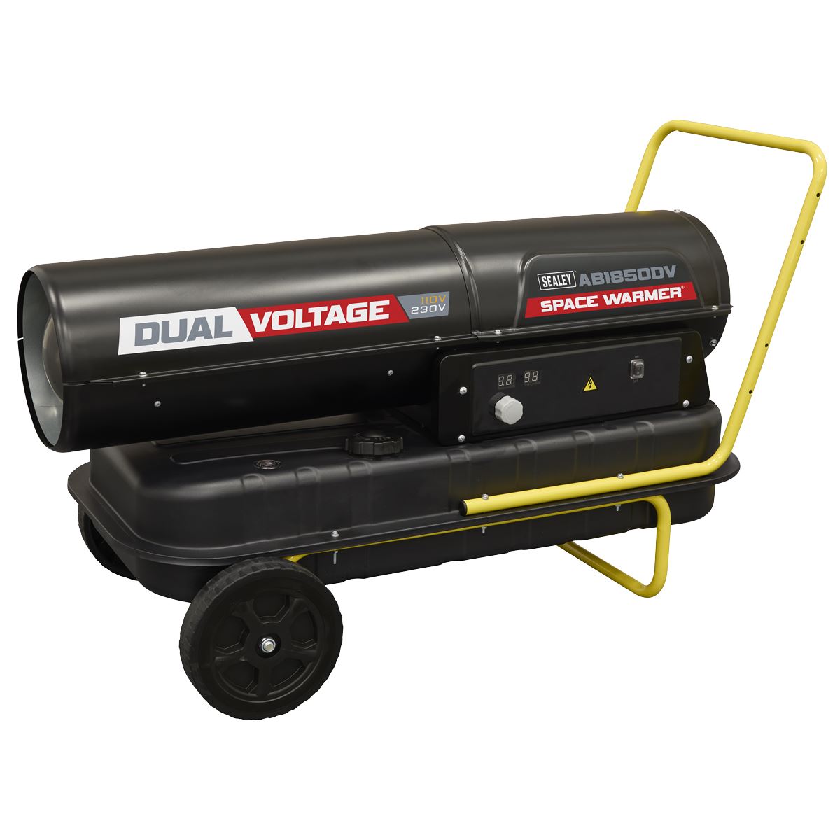 Sealey AB1850DV Dual Voltage Space Warmer Kerosene/Diesel Heater with Wheels 185,000Btu/hr(55kW) | 230V ~ 50Hz or 110V ~ 50Hz, Thermostat, Wheels