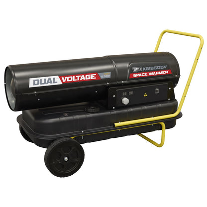 Sealey AB1850DV Dual Voltage Space Warmer Kerosene/Diesel Heater with Wheels 185,000Btu/hr(55kW) | 230V ~ 50Hz or 110V ~ 50Hz, Thermostat, Wheels