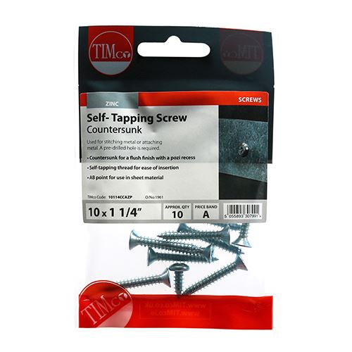 TIMCO S/Tapping Screw PZ2 CSK - BZP 10 x 1 1/4 Silver Pack 10