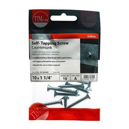 TIMCO S/Tapping Screw PZ2 CSK - BZP 10 x 1 1/4 Silver Pack 10