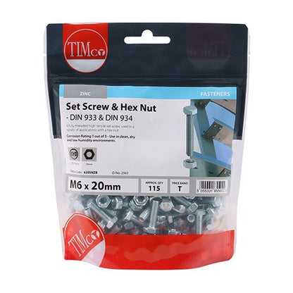 TIMCO Set Screw & Hex Nut - BZP M6 x 20 Silver Pack 115
