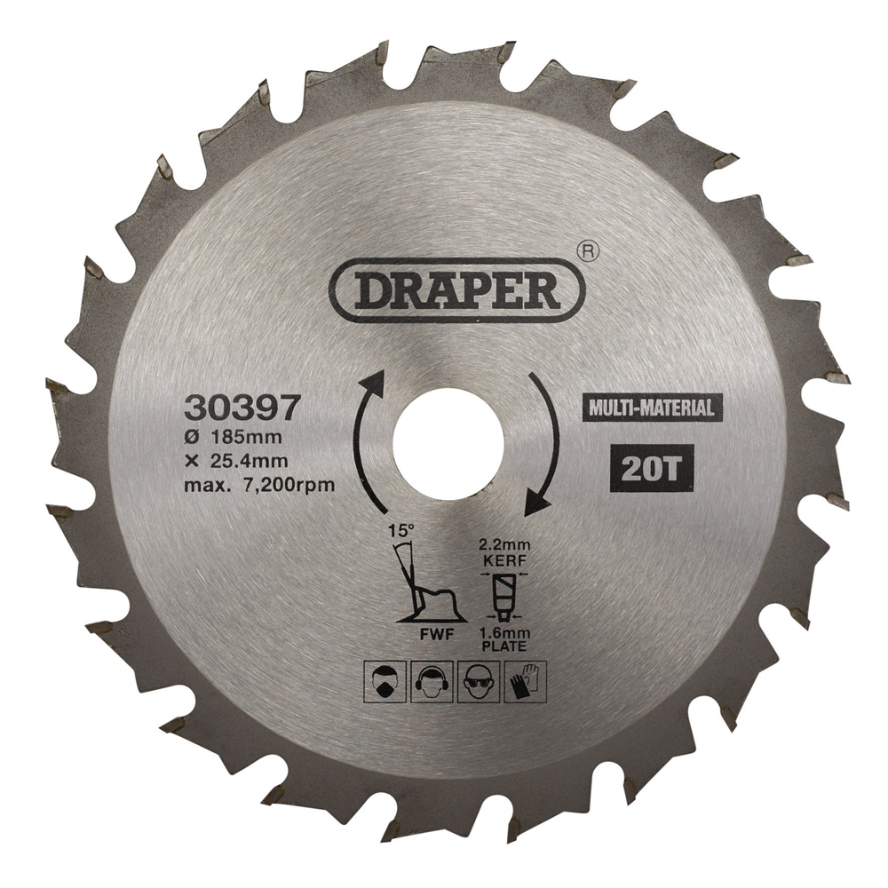 Draper TCT SAW BLADE 185MM 20T MULTI 30397 TCT Multi-Purpose Circular Saw Blade, 185 x 25.4mm