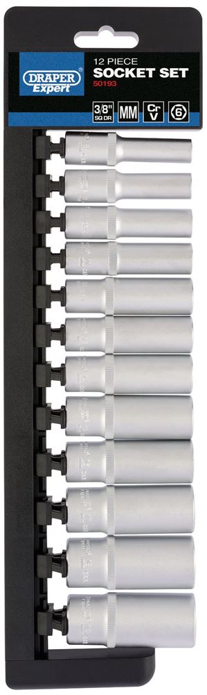 Draper 3/8 6PT 12PC DEEP SOCKET SET 50193 Metric Deep Socket Set, 3/8" Sq. Dr. (12 Piece)