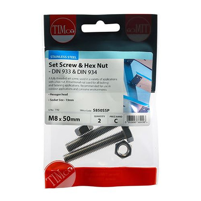 TIMCO Set Screw & Hex Nut - A2 SS M8 x 50 Silver Pack 2