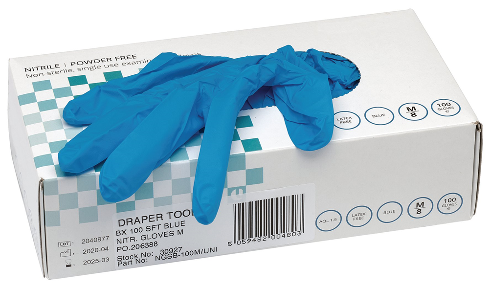 Draper BX 100 SFT BLUE NIT.GLOVES M 30927 Nitrile Gloves, Medium, Blue (Pack of 100)