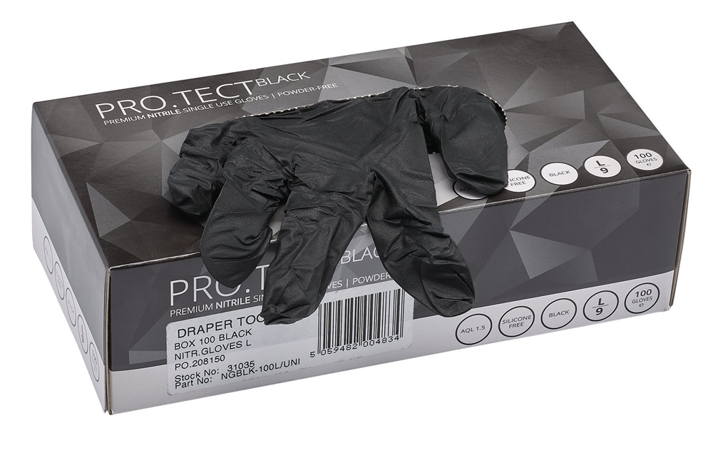 Draper BX 100 BLACK NIT.GLOVES L 31035 Nitrile Gloves, Large, Black (Pack of 100)
