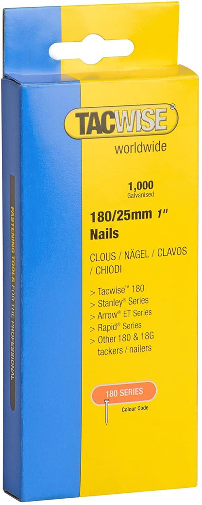 Tacwise 0361 Type 180 18G 25 mm Brad Nails Galvanised Pack of 1000 for Nail Staple Guns Trade Fixing
