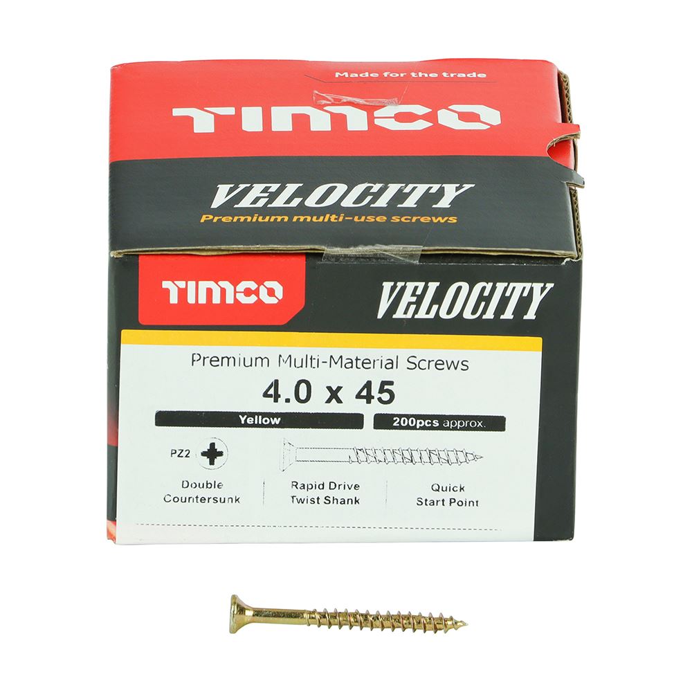 TIMCO Velocity Screw PZ2 CSK ZYP 4.0 x 45 Gold Pack 200