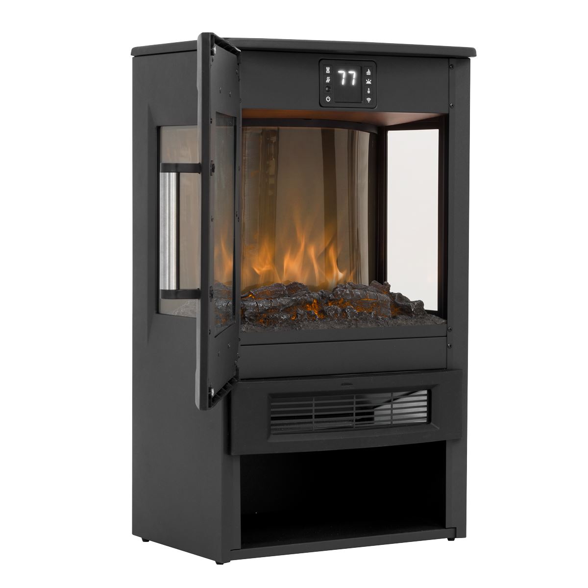 Baridi DH123 Panoramic Electric Stove Heater with LED Flame Effect & Log Storage 1800W - Black | 230V ~ 50Hz, Thermostat, Timer, Remote Control