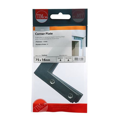 TIMCO Corner Plate - BZP 75 x 75 x 16 Silver Pack 4
