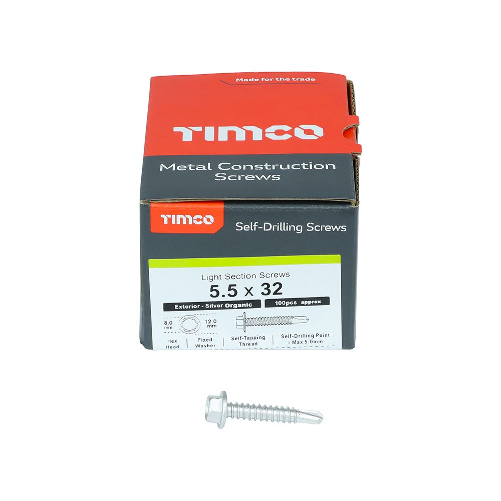 TIMCO Hex Screw S/DRILL No3 EXT 5.5 x 32 Silver Pack 100
