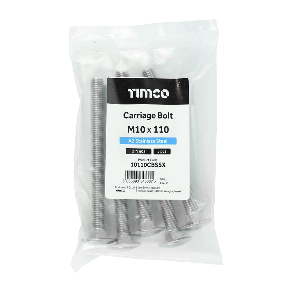 TIMCO Carriage Bolt DIN 603 A2 SS M10 x 110 Pack 5