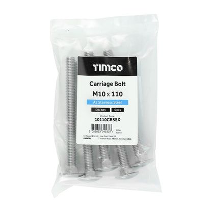 TIMCO Carriage Bolt DIN 603 A2 SS M10 x 110 Pack 5