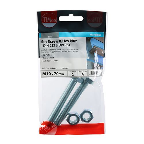TIMCO Set Screw & Hex Nut - BZP M10 x 70 Silver Pack 2