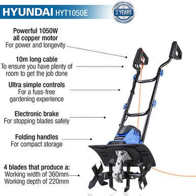 Hyundai HYT1050E Electric Garden Tiller 1050W 360mm Cultivator Rotavator Soil Cultivator Rotavator